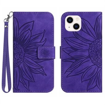 Flip Phone Case til iPhone 14, HT04 påtrykt solsikke justerbart Stand PU læder Magnetisk pungbetræk med rem