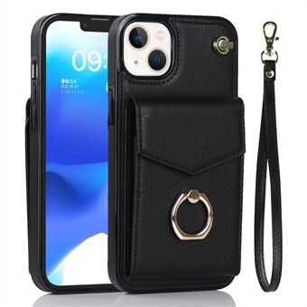 Til iPhone 14 RFID-blokerende harmonikastil korttaske Telefon Beskyttelsescover Ring Kickstand Design PU-læder+TPU-bagtaske med rem