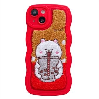 Milk Tea Animal Pattern Brodery Phone Case til iPhone 14, TPU + PC Wavy Edge Soft Fluffy Plys Bagcover