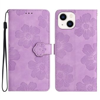 Til iPhone 14 mobiltelefon etui PU læder præget blomstermønster Stand tegnebogscover med rem