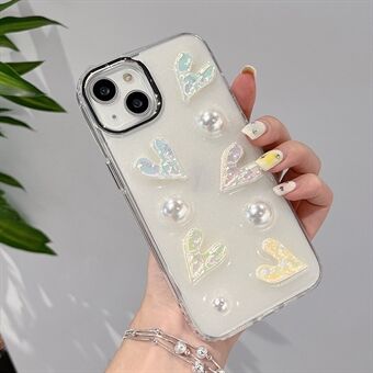 Til iPhone 14 Laser Hearts Cell Phone Case Galvanisering af hård akryl+TPU telefoncover med perledekor