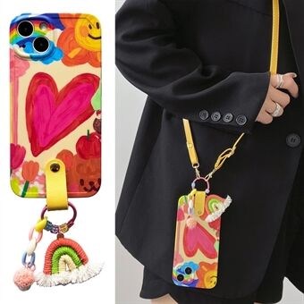 Til iPhone 14 Slim-Fit TPU-telefoncover Hjertemønster-etui Shell med læderskulderrem og regnbue-dekor