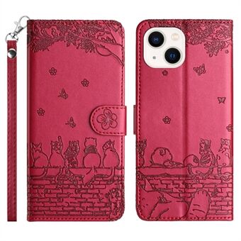 Imprinted Wall Cats Phone Læder Taske til iPhone 14, Wallet Stand Fuld beskyttelsescover med rem