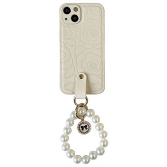 Til iPhone 14 Anti-ridse Cover Camellia Pattern Pearl Chain TPU+PU læder telefontaske med skulderrem