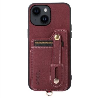 ABEEL Style 01 Kickstand-etui til iPhone 14, Litchi Texture PU-læderbelagt TPU+PC-telefoncover med kortpladser