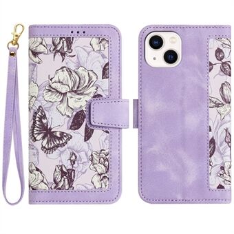 Kortholder telefoncover til iPhone 14 , blomstermønster print læder Stand telefoncover