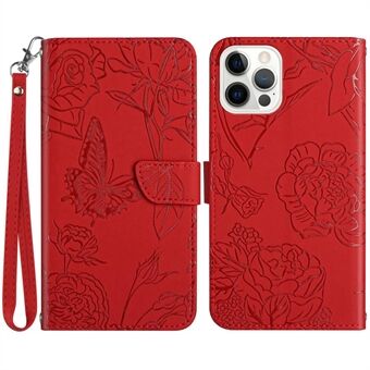 Til iPhone 14 Pro  Butterfly Flowers Imprinted Stand Læder Taske Pung Telefon Cover med Handy Strap