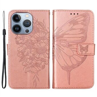 YB Imprinting Flower Series-4 til iPhone 14 Pro  PU læder Butterfly Flower Imprinted Phone Case Wallet Stand Beskyttende Cover