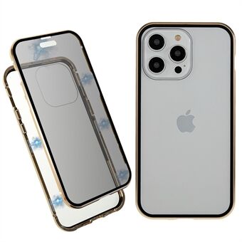 Straight Edge telefoncover til iPhone 14 Pro, Anti-peep dobbeltsidet telefoncover i hærdet glas med sikkerhedsspænde og magnetisk adsorption metalramme