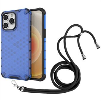 Til iPhone 14 Pro  Honeycomb Textured Phone Case Hard PC Blød TPU stødabsorberende bagcover med snor