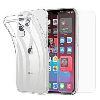 Til iPhone 14 Pro  blødt HD Transparent TPU mobiltelefoncover med 2,5D Arc Edge hærdet glas skærmfilm