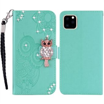 Til iPhone 14 Pro  PU Læder Owl Flower Printed Wallet Stand Case Magnetisk lås Rhinestone Decor Telefon Cover
