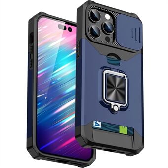 Til iPhone 14 Pro  Card Slot Design Telefon Case Hard PC Soft TPU Hybrid Slide Kamera Lens Cover Design Kickstand Bagcover