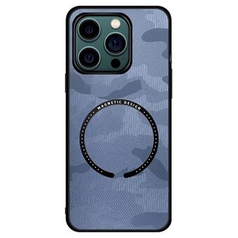 Til iPhone 14 Pro  magnetisk trådløs opladning Camouflage Lædercoated PC + TPU telefonetui med indbygget metalplade