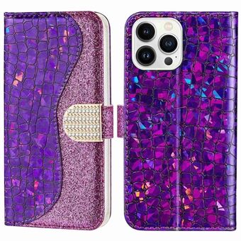 Til iPhone 14 Pro  Sparkly Glitter splejsningsstativ Telefoncover Crocodile Texture Stand PU Læder Pung Flip Case