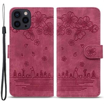Til iPhone 14 Pro  Cherry Blossom Cat Imprinted Stand Telefonetui PU Læder Pung Folio Flip Cover med rem