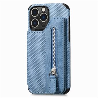 Til iPhone 14 Pro  Carbon Fiber Texture Lynlås Lomme Kickstand Design Lædercoated TPU telefoncover