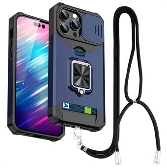 Til iPhone 14 Pro  Slide Camera Cover Card Slot Phone Shell Hard PC + TPU Kickstand Telefontaske med rem