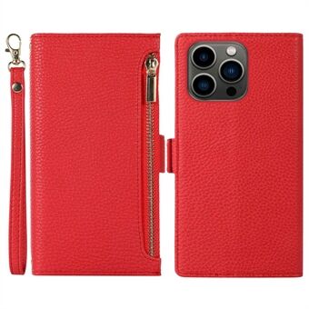 Litchi Texture Phone Case til iPhone 14 Pro, lynlåslomme Fuld dækning PU læder Telefon Flip Cover tegnebog med rem