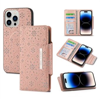Til iPhone 14 Pro Glitter Flower Design Aftageligt telefonpungetui PU-læder+TPU stødsikkert cover