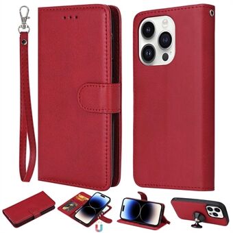KT Leather Series-3 til iPhone 14 Pro Magnetisk aftagelig PU-lædertaske Stand Funktion Ensfarvet pung telefoncover med rem