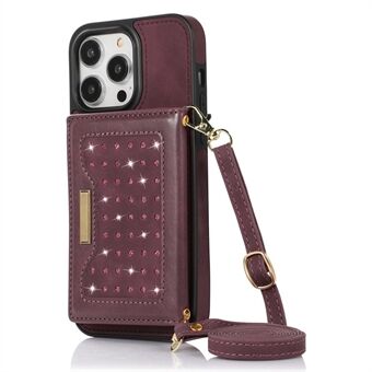 Til iPhone 14 Pro RFID-blokerende telefontaske med skulderrem, rhinestone dekoration tegnebog Kickstand læderbelagt TPU-bagcover
