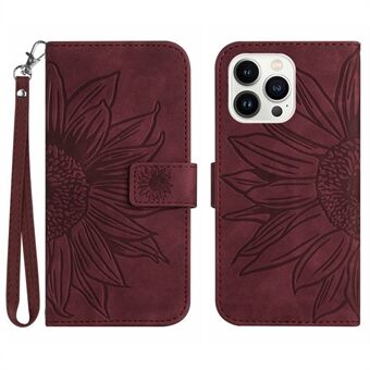 Flip Phone Case til iPhone 14 Pro, HT04 påtrykt solsikke Håndfrit Stand PU læder Magnetisk pungbetræk med rem