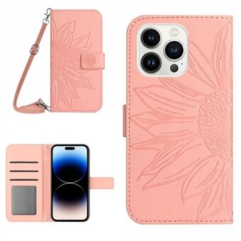 Påtrykt Sunflower Phone Case til iPhone 14 Pro, HT04 Stand Wallet Skin-touch PU læder indre TPU cover med skulderrem