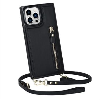 Til iPhone 14 Pro PU læderbelagt TPU Kickstand Telefontaske Lynlåslomme Magnetisk knap Kortpladser Beskyttelsescover med skulderrem