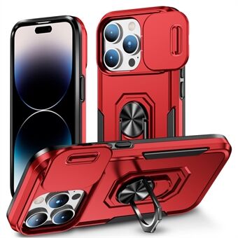 Til iPhone 14 Pro PC + TPU Ring Kickstand Telefon Case Skydekamerabeskytter Faldsikkert dæksel med bilmonteret metalplade
