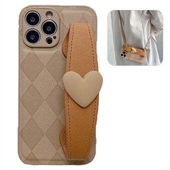 Bagsideskal til iPhone 14 Pro, Love Heart Armbånd Rhombus præget PU-læderbelagt PC+TPU-telefoncover med skulderrem