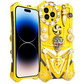 Armour Metal Telefoncover til iPhone 14 Pro , Mekanisk Gear Håndlavet Skull Dropproof Telefoncover - Guld