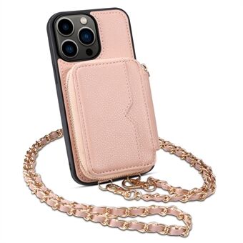 Til iPhone 14 Pro Støvtæt telefonskal Kickstand Kortholder Pung PU-læder+TPU-telefontaske med rem