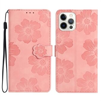 Til iPhone 14 Pro telefonetui med trykt blomstermønster PU læder Flip Stand Pung Cover Shell med rem
