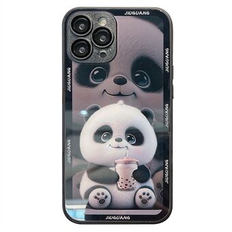 Mønsterudskrivningscover til iPhone 14 Pro Milk Tea Panda hærdet glas+TPU telefonetui med linsefilm