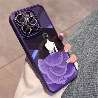 Til iPhone 14 Pro TPU-ramme Hærdet glas-bagcover Skønhedsmønster Udskrivning Telefoncover med Glitter Lens Protector