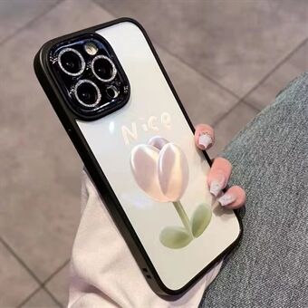 Til iPhone 14 Pro telefoncover Glitrende pulverdekor tulipanmønster telefoncover glas+TPU-skal