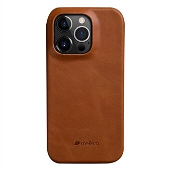 MELKCO til iPhone 14 Pro ufuldstændig voksagtig ægte ko-læder coated pc-cover Telefonbeskyttelsescover