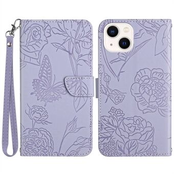 Imprinting Butterfly Flowers telefoncover til iPhone 14 Plus , PU- Stand tegnebogsbeskyttende etui med praktisk rem