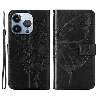 YB Imprinting Flower Series-4 til iPhone 14 Plus  Butterfly Flower Imprinted PU-lædertelefontaske med Stand
