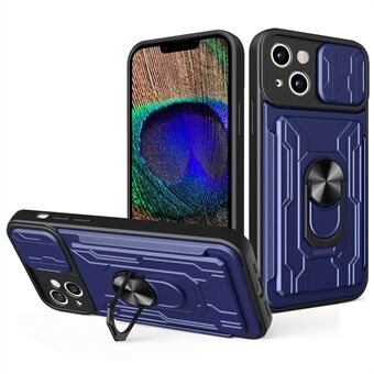 Til iPhone 14 Plus  kortholder Kickstand Telefon Case Hybrid PC + TPU Slide Lens Beskyttelse Ridsefast cover