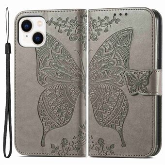 Til iPhone 14 Plus  PU-læderbog tegnebog etui med trykt sommerfuglemønster Stand Magnetisk lås Beskyttende flipcover med håndledsrem