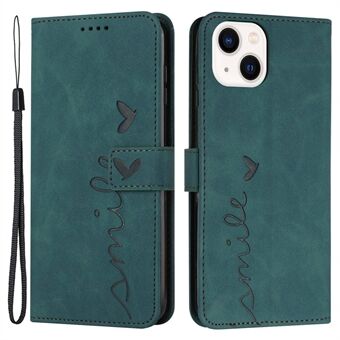 Til iPhone 14 Plus  PU læder Stand tegnebog etui Skin-touch Følelse hjerteform påtrykt telefoncover med rem
