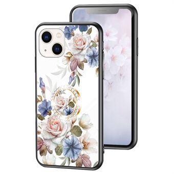 Til iPhone 14 Plus  TPU+PC+Hærdet glas Blomstermønster Udskrivning Telefon Case Protector med Ring Kickstand