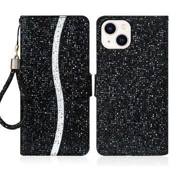 Til iPhone 14 Plus Glitter Bling PU Læder Foldbar Stand Telefon Case Pung Style Flip Shell med håndledsrem