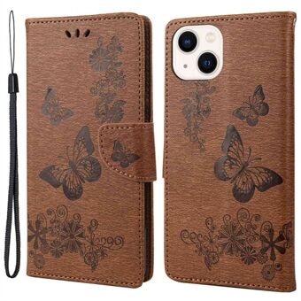 Til iPhone 14 Plus Støvtæt telefoncover PU-læder Big sommerfugle Blomstermønster prægning pungetui med rem