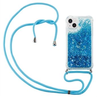Til iPhone 14 Plus Klart Quicksand Glitter Flydende flydende etui Blødt TPU hjørnepude bagbetræk med lang snor