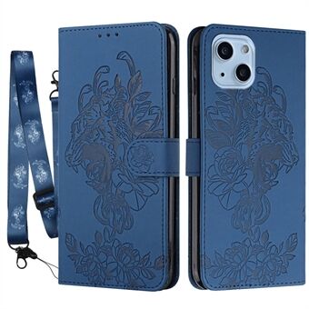 Til iPhone 14 Plus Tiger-mønster prægning PU-læder Fuld beskyttelse Telefontaske Stand Pungcover med rem
