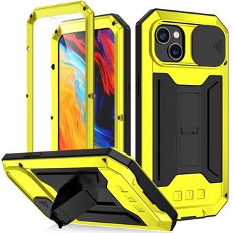R-JUST Til iPhone 14 Plus Slide Kamera Låg Kickstand Design Telefon Case Silikone + Metal + hærdet glas skærmfilm beskyttelsescover