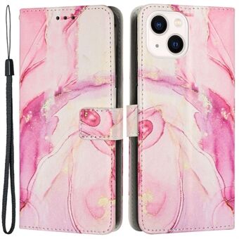 Til iPhone 14 Plus PU Læder Marmormønster Print Cover Foldbar Stand Pung Stødsikker telefontaske med rem